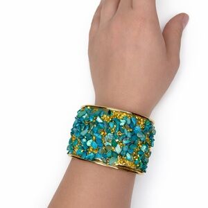 Turquoise Chip Stone Wide Gold Cuff Bracelet Boho Statement Women Jewelry